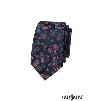 Kék keskeny nyakkendő rózsaszín mintával