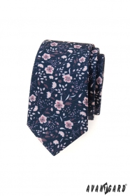 Kék keskeny nyakkendő rózsaszín virágokkal