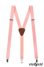 Világos rózsaszín Y alakú nadrágtartó csatokkal és sötét barna bőrrel