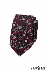 Fekete keskeny nyakkendő piros-szürke mintával