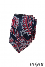 Kék slim nyakkendő piros paisley mintával