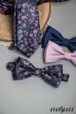 Kék keskeny nyakkendő rózsaszín mintával - szélesség 6 cm